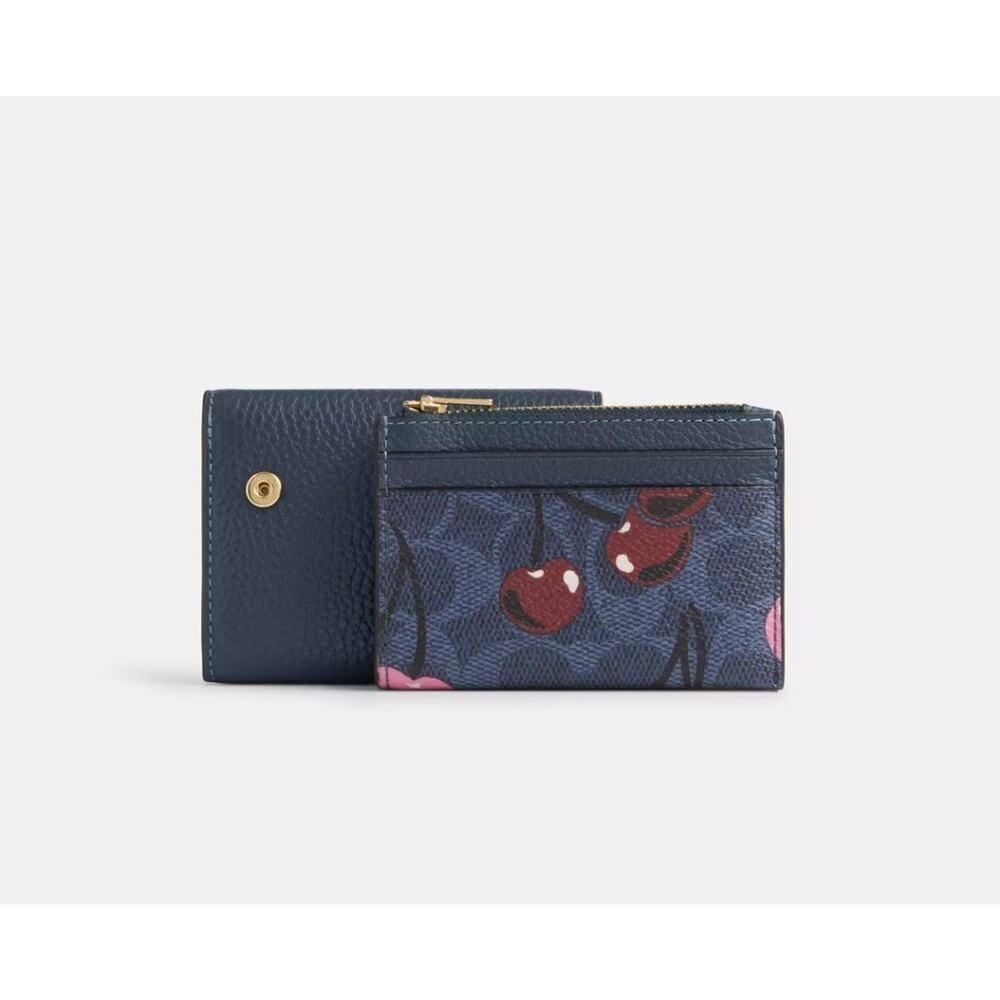 NWT Coach CZ448 2in1 Card Holder Wallet In Signature Canvas With Cherry Print